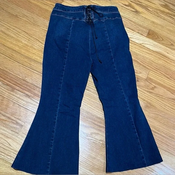 Jeans Free People Curvy High Rise Cropped Lace Up Dark Wash Stretch Waist Jeans - Picture 4 of 16